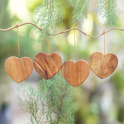 Handmade Wood Heart-Shaped Ornaments (Set of 4), 'Simple Hearts